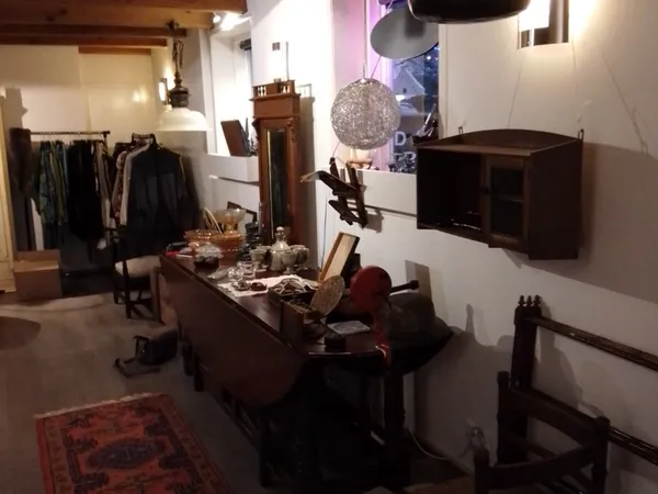 Winkelinterieur met uitgestalde kleding, meubels en decoratie onder sfeervolle verlichting