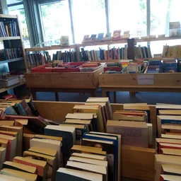 Boeken in houten bakken en op stellingen, veel tweedehands exemplaren op een kringloopwinkel vloer