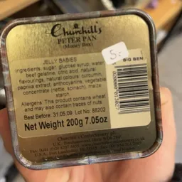 Close-up van een verpakking Churchill Jelly Babies met ingrediënten en nutritie-informatie