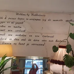 Interieurfoto met muurtekst 'Welkom bij Habbekrats', lamp, plant en raam