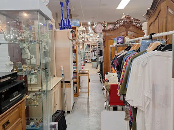 Winkelinterieur met kledingrekken, glazen vitrines en houten meubelen vol tweedehands spullen