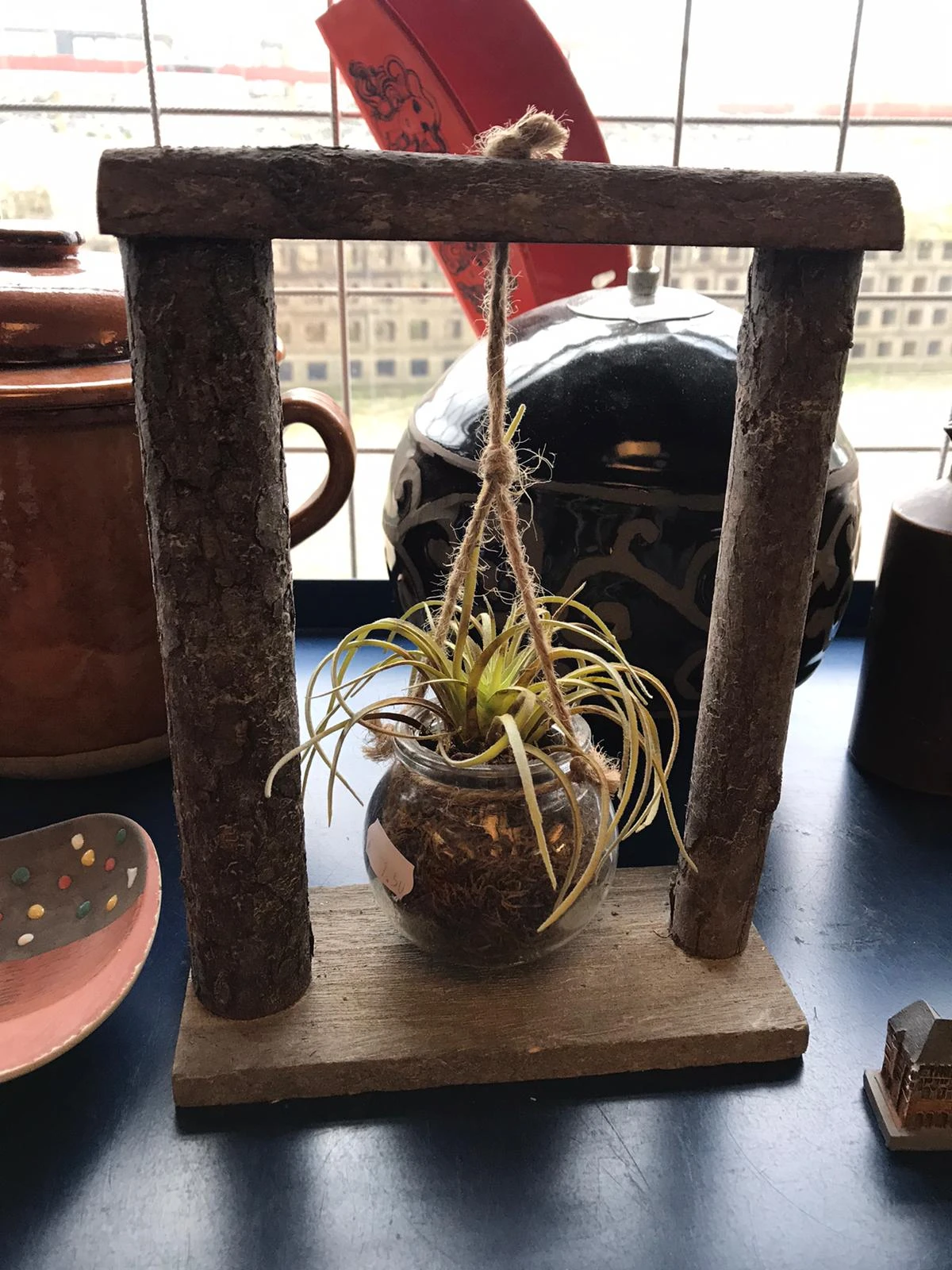 Opgepotte plant met geel-groen blad hangend aan touw tussen twee houten palen