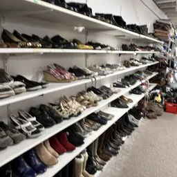 Witte stellingen vol met tweedehands schoenen en laarzen in verschillende kleuren en stijlen