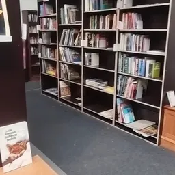 Boekenkasten tegen de muur met boeken, dvd's en diverse items netjes uitgestald in een kringloopwinkel