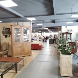 Winkelvloer met houten meubels, vitrines, potten met planten en rode zithoek in ruime winkelruimte