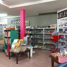 Winkelvloer met stellingen, boeken, speelgoed en diverse tweedehands artikelen; roze paal in het midden