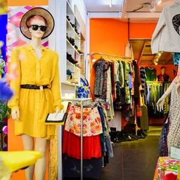 Binnenaanzicht van kringloopwinkel met kleding aan rekken, mannequins in gele jurk en oranje wand, bloemenversiering op voorg