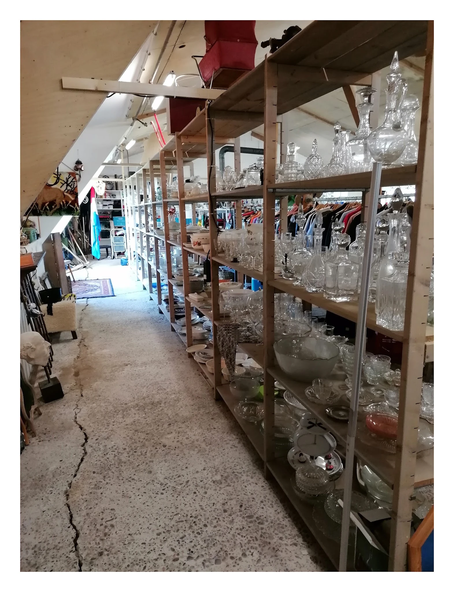 Gangpad in kringloopwinkel met glazen vitrinekasten vol glaswerk en ander inboedelgoed