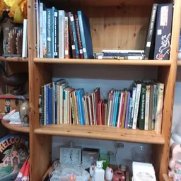 Houten boekenkast met dvd's, cd's en boeken op drie niveaus, met huishoudelijke artikelen