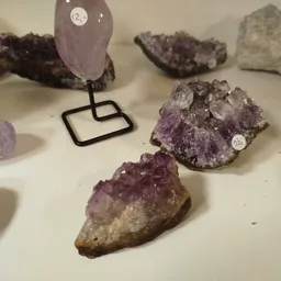 Uitstalling van kristallen en mineralen, waaronder amethist, op displays en standaards