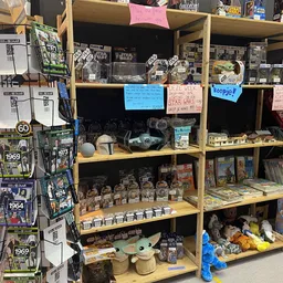 Houten stellingkast met verzameling huishoudelijke items, glazen potten, decoratie en boeken in een kringloopwinkel