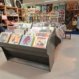 Uitstalling van cd's en vinyl records in grijs display-meubel in kringloopwinkel