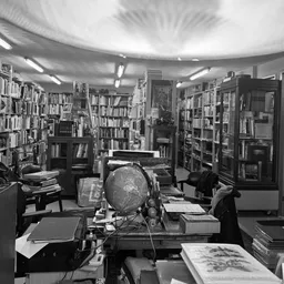 Boekenwinkelinterieur met boekenkastjes, een globe op een bureau en fluorescente verlichting