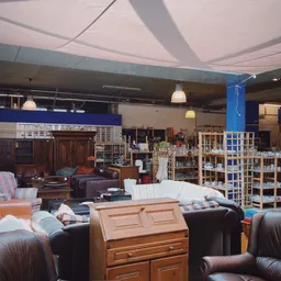 Ruim winkelinterieur met meubels, stellingen met spullen, hangende lampen en betonnen plafond
