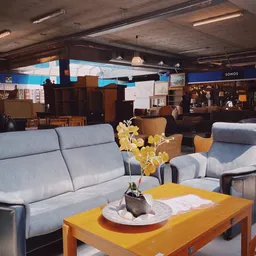 Zithoek met grijze en roze stoelen, gele tafel en gele bloemen in kringloopwinkel