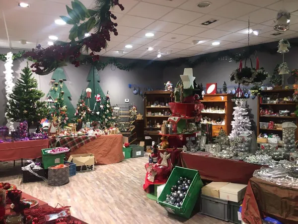 Kerstkringloopwinkel met kerstdecoratie, kerstbomen, dennenguirlandes en diverse kerststukken op rekken en toonbanken