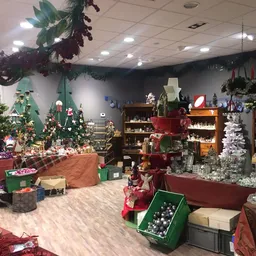 Kerstkringloopwinkel met kerstdecoratie, kerstbomen, dennenguirlandes en diverse kerststukken op rekken en toonbanken