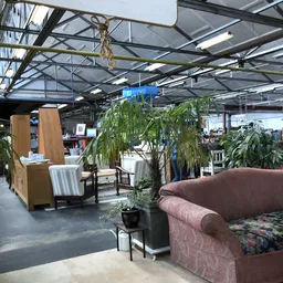 Winkelvloer met hangende planten, meubels en huisraad uitgestald onder industriële daklichten