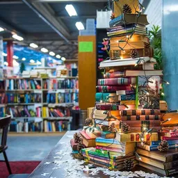 Kunstig gestapelde toren van kleurrijke boeken op een toonbank in de winkel