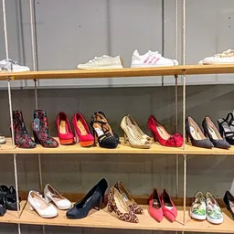 Glazen vitrine met uitgestalde dameschoenen in verschillende kleuren en stijlen