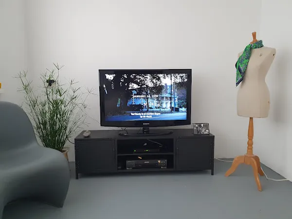 Interieur van kringloopwinkel met tv op zwart dressoir, paspop met groene sjaal, potplant en grijze zetel