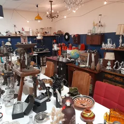 Ruim winkelbinnenruimte met diverse tweede-hands spullen, meubels, lampen en decoratieve objecten op tafels en stellingen.