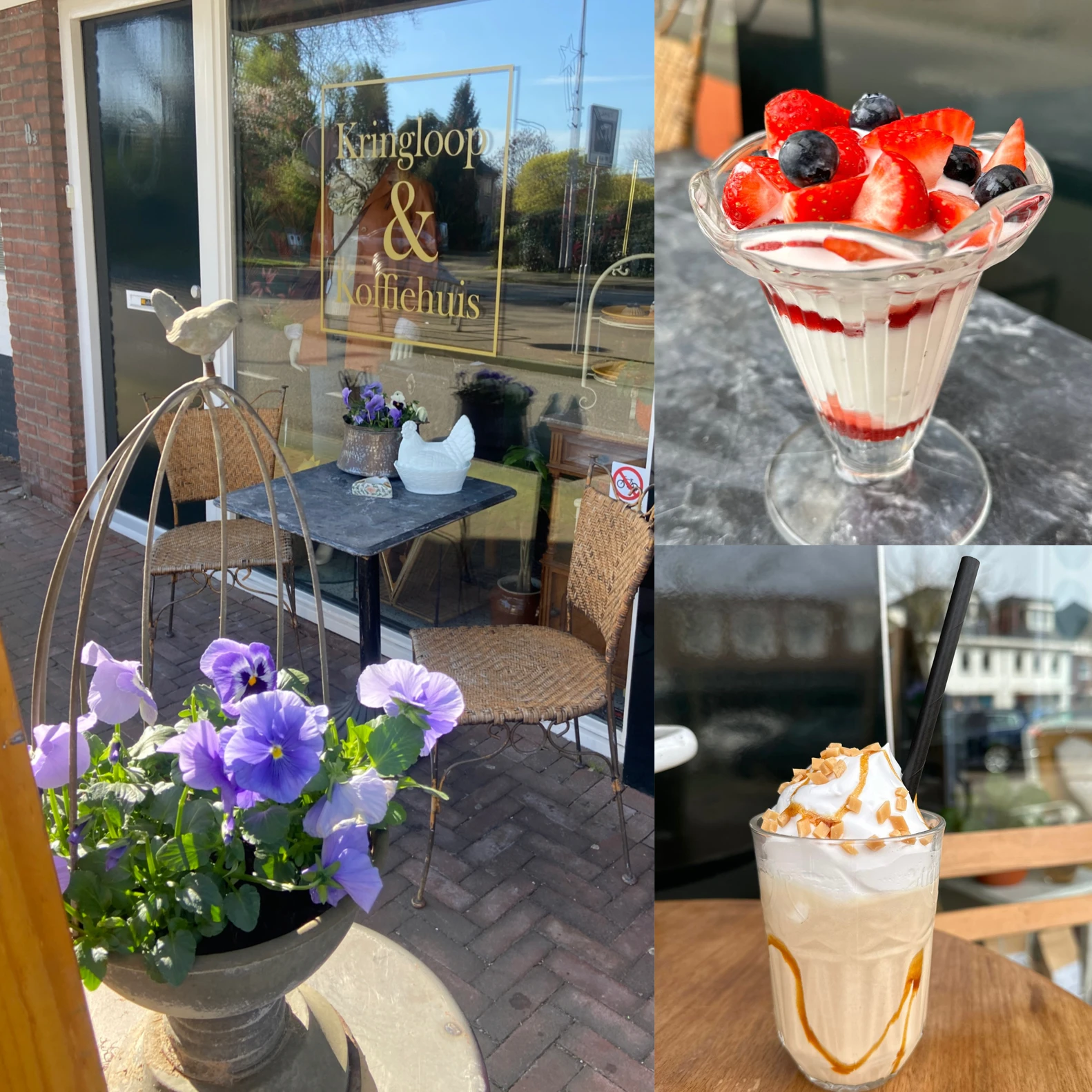 Twee glazen met fruitdrank en slagroom op een terras met uitzicht