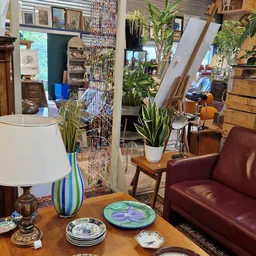 Winkelbinnenruimte met zithoek met bordeauxrood leren fauteuil, houttafel, plantendecoratie en lamp, met stellingen en items 