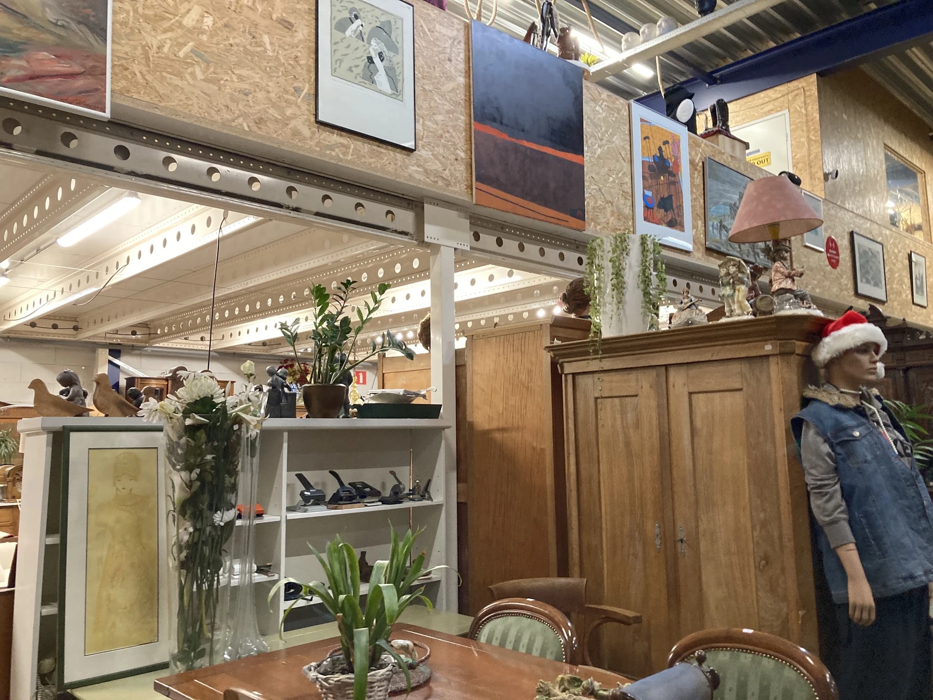 Interieur van kringloopwinkel met stellingen, kunstwerken aan muur, houten meubels, planten en decoratie
