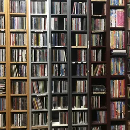Meerdere boekenkastkasten vol met cd's en dvd's netjes opgesteld in rijen
