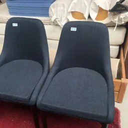 Twee donkerblauwe stoelen met grijze zittingen, close-up van tweedehands meubels