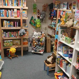 Winkelinterieur met boekenkasten, speelgoed, boeken en verzamelaarsitems op stellingen en in een winkelwagen