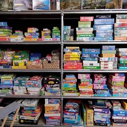 Kasten met honderden dozen bordspellen en puzzels netjes uitgestald