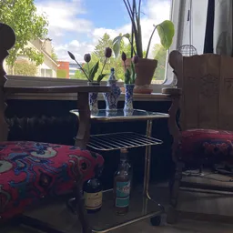 Zithoek met vintage meubels, bloemen in vazen op tafel, uitzicht op ramen en buiten