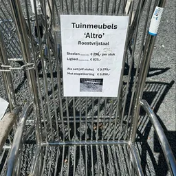 Prijskaartje voor tuinmeubels 'Altro' met prijzen en beschrijving