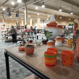 Uitstalling van gekleurde bloempotten en decoratieve tuinartikelen op een toonbank in de winkel