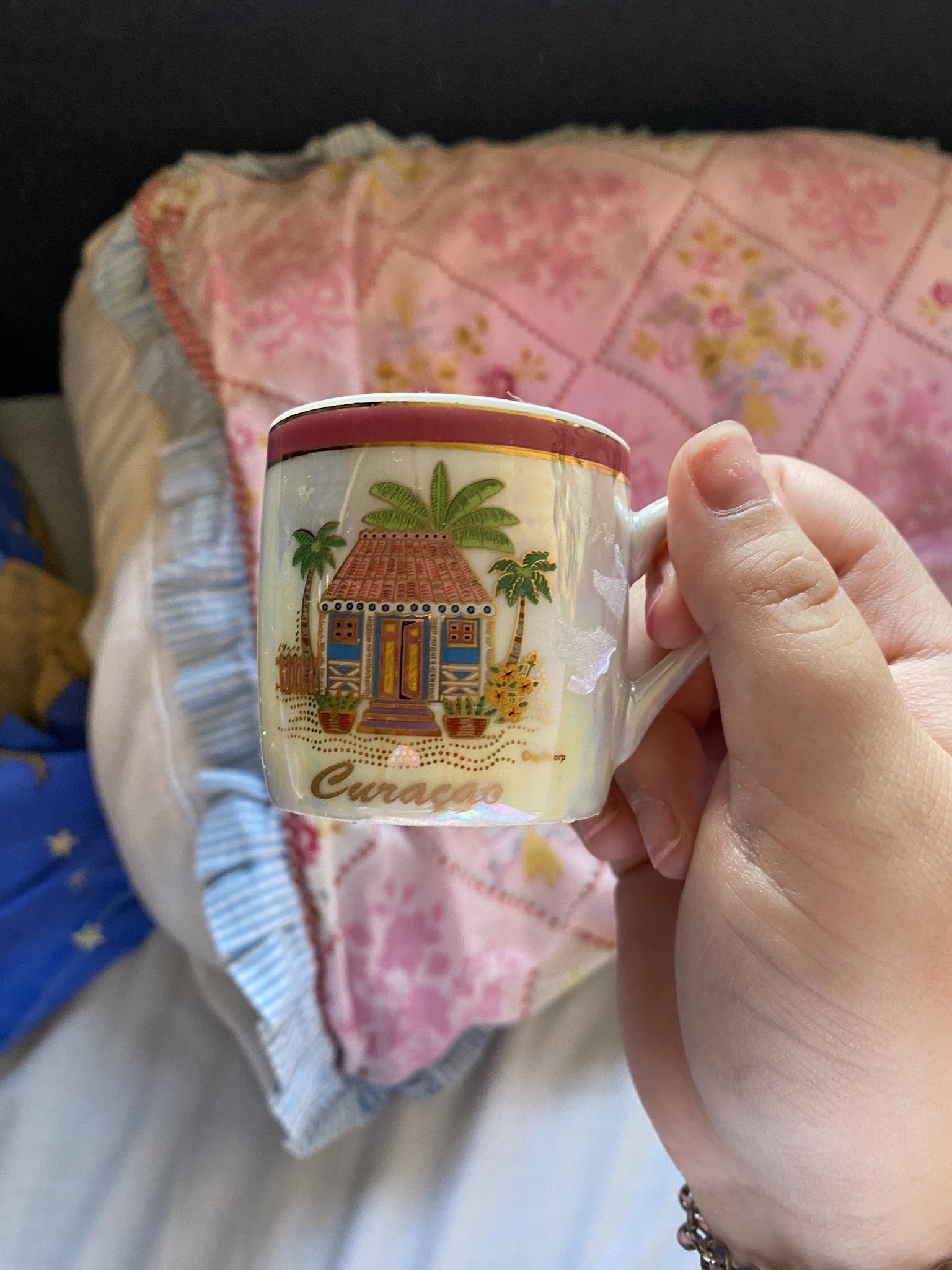 Close-up van een vintage mok met decoratie van een palmboom en huisje, gehouden in een hand