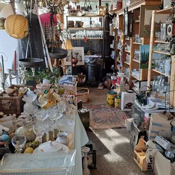 Binnenaanzicht van kringloopwinkel met tafels vol huishoudartikelen, glaswerk, decoratie en diversen, daarachter stellingen m