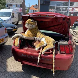 Een grote gele tijger-pop zit in de open kofferbak van een rode auto op een parkeerterrein