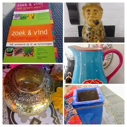 Collage met diverse tweedehands artikelen: kookboek, gouden beeld, keramische schaal, blauwe kan en houten speelgoed