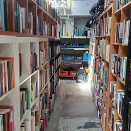Gangpad tussen boekenkasten in kringloopwinkel met bruine en witte stellingen vol boeken