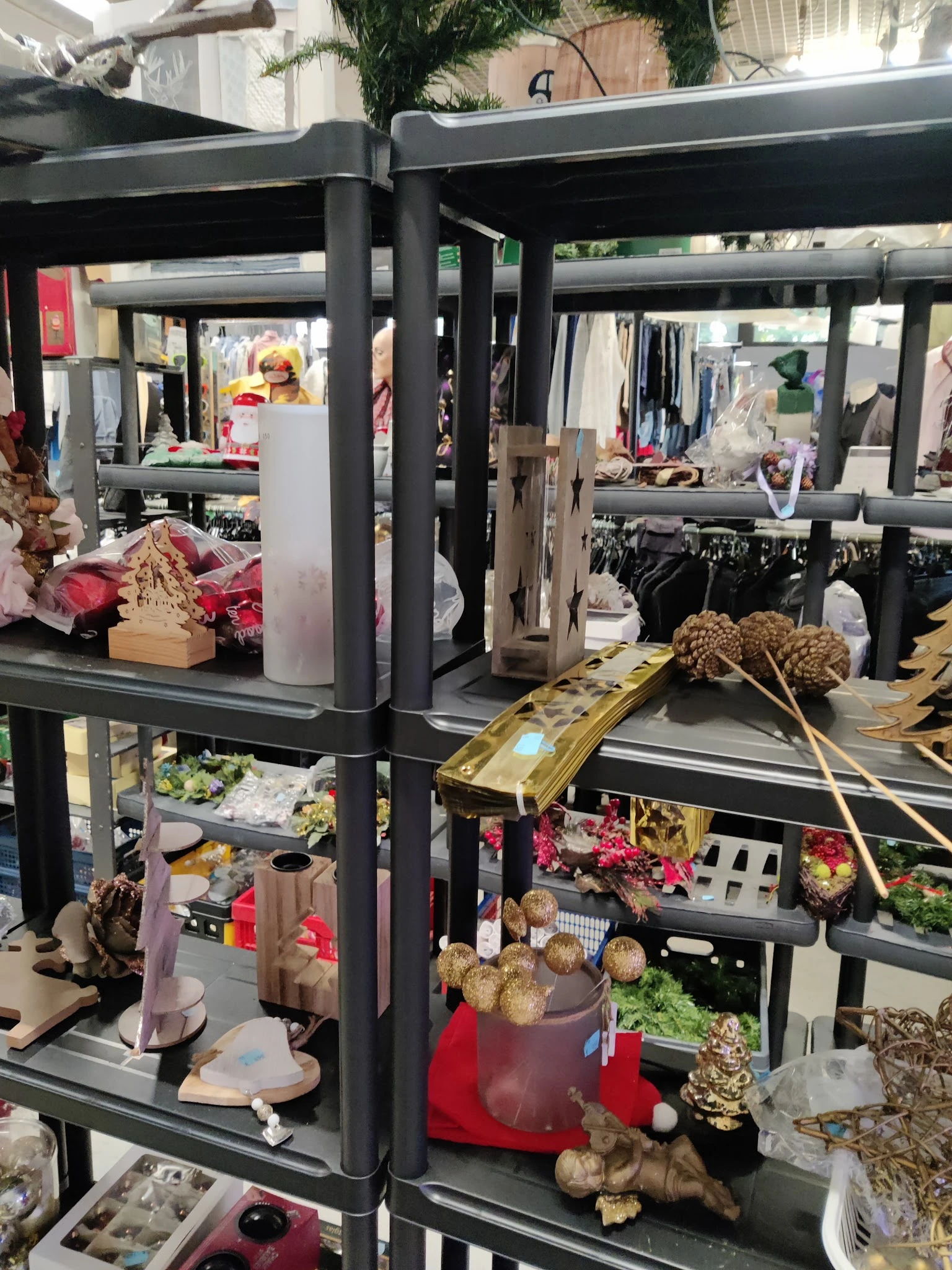Winkelinterieur met stellingen vol kleding, bloemen, plantenrekken en diverse tweede-hands artikelen