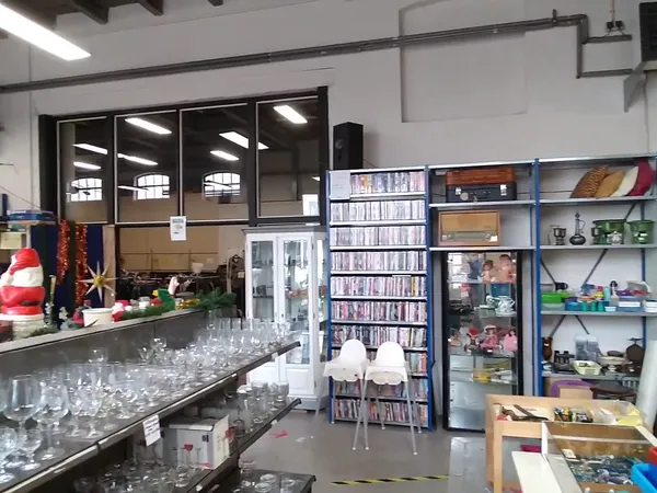 Winkelvloer met glazen toonbank, boekenrekken, stellingen met spullen en raam met veel daglicht