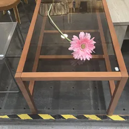 Roze gerbera op glazen tafel met houten frame