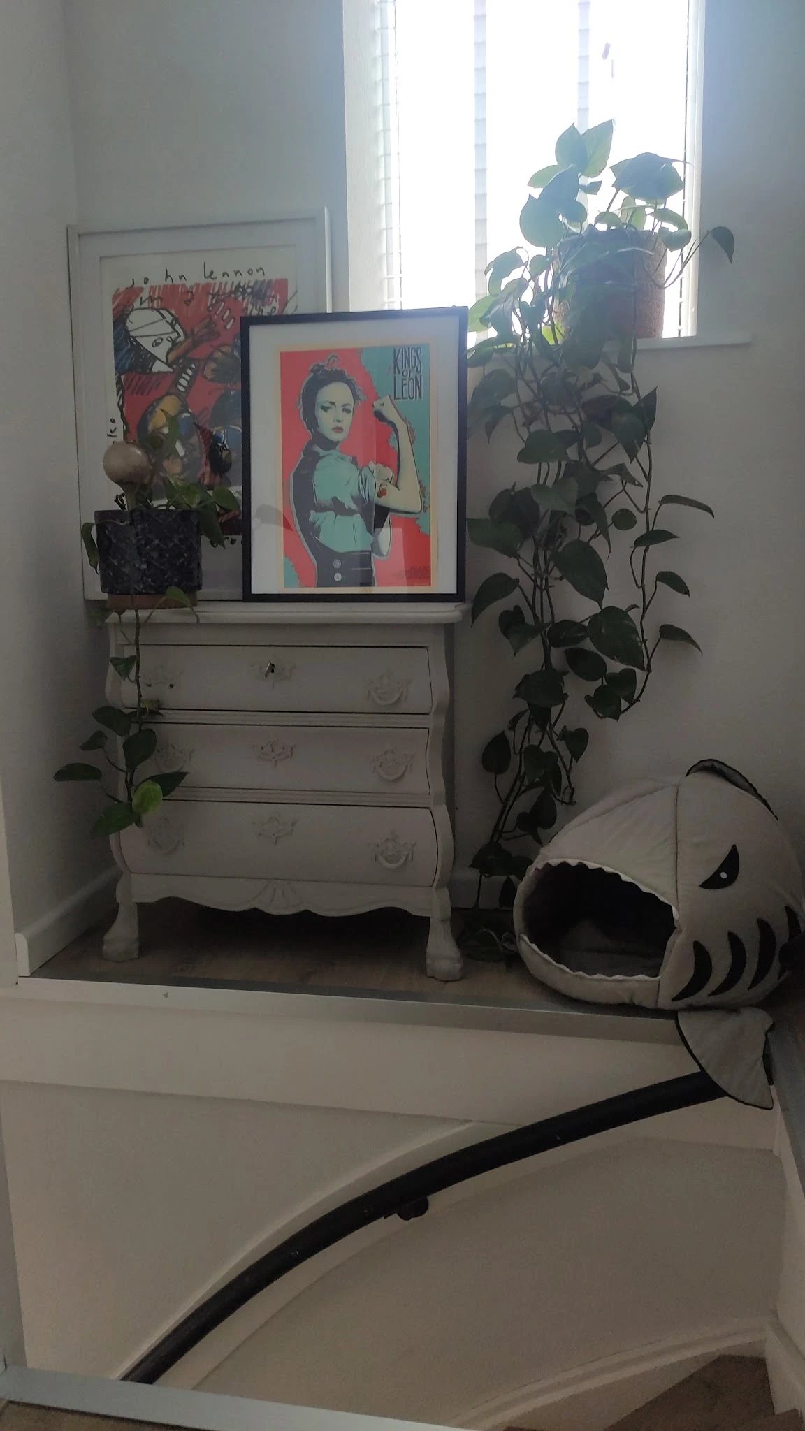 Witte commode met drie laden, plantjes erop en ernaast, met posters en kunstwerkjes aan de muur