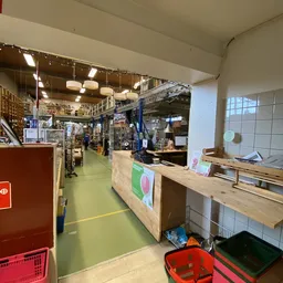 Winkelinterieur met kassa, toonbank en stellingen vol spullen in kringloopwinkel