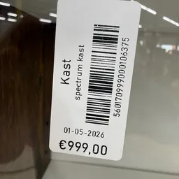 Prijssticker met barcode, datum 01-05-2026 en prijs €999,00 voor Kast spectrum kast