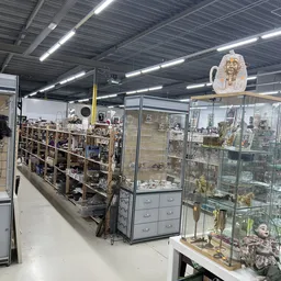 Winkelinterieur met stellingen vol decoratieartikelen en glazen vitrines met beeldjes en collectibles