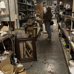 Winkelinterieur met houten raamkozijnen, dozen en diverse spullen langs de wanden en op de grond