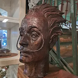 Bronzen sculptuur van een mannenhoofd met krullend haar en snor in museumvitrine